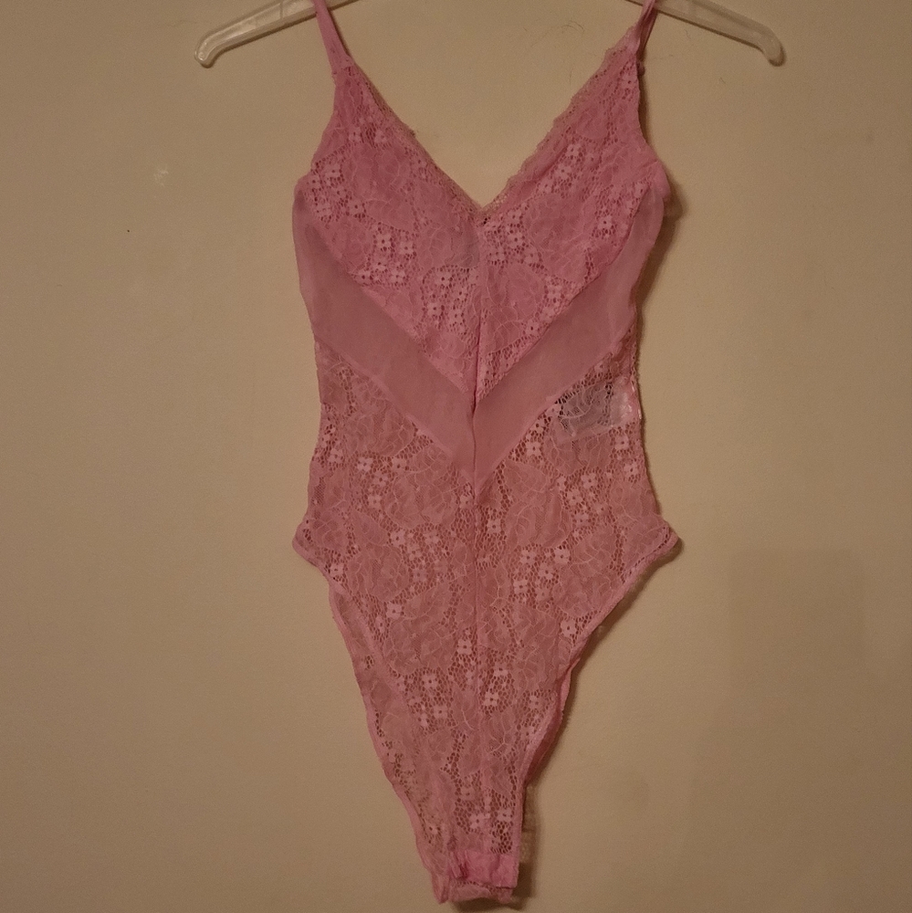 Pink lace and sheer bodysuit